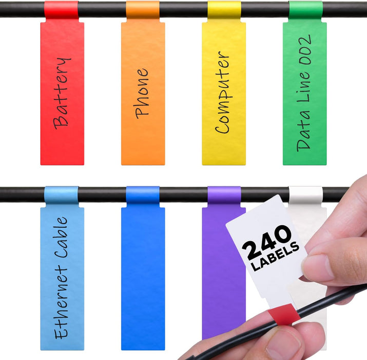 XFasten Cable Labels Tags for Cable Management 240 pcs Waterproof Cord Labels for Electronics 8 Colors Write On Wire Labels Tags, Easy-to-Write Cord Tags for Ethernet Cable, Charger, Audio Cable