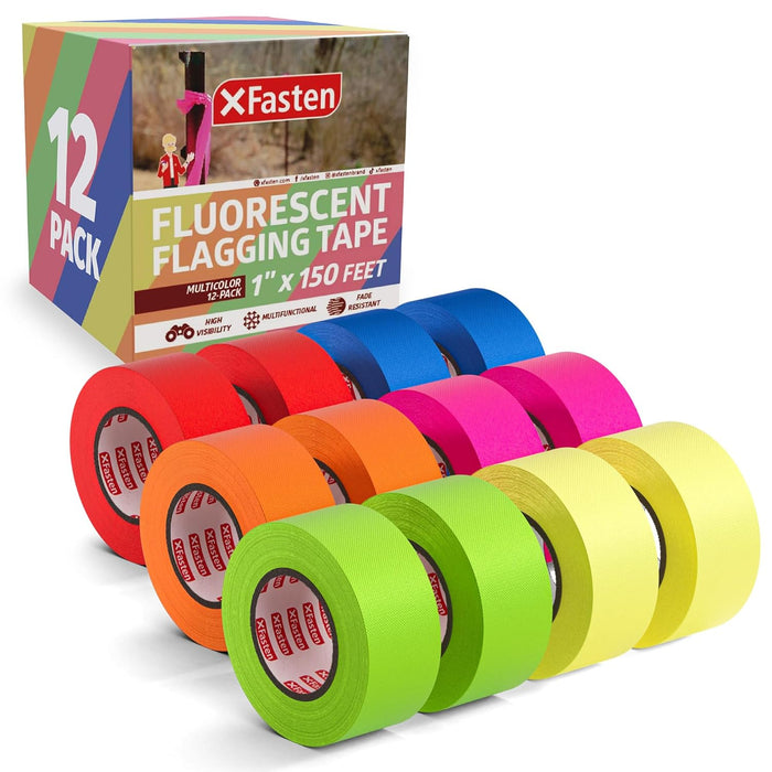 XFasten Fluorescent Flagging Tape Assorted Colors 12-Pack Colorfast Survey Tape (Orange Green Blue Red Pink Yellow) Non-Adhesive Tree Marking Ribbon Tape 1” x 150-Feet (1,800 Feet Total)