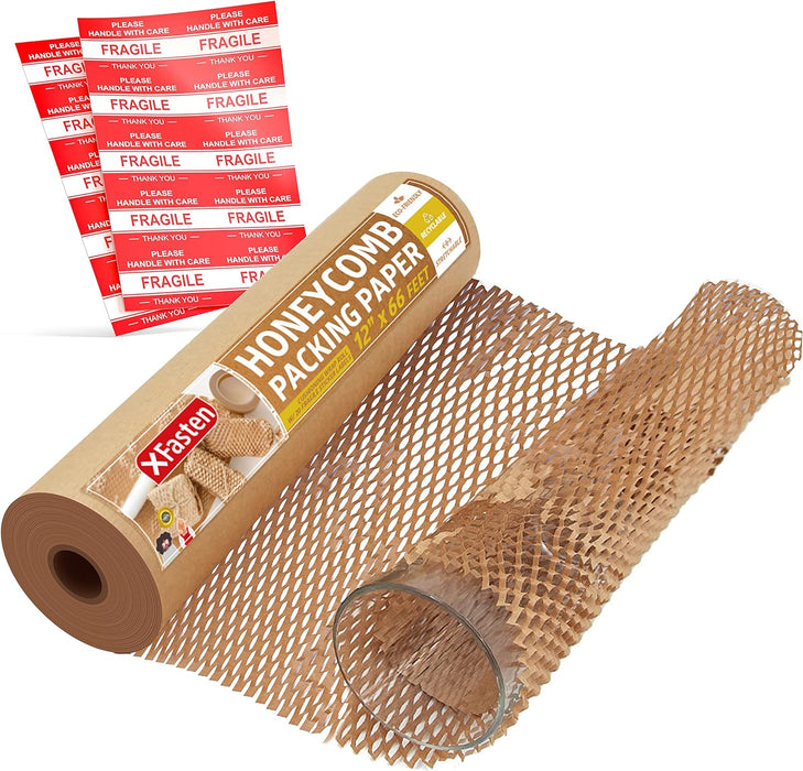 XFasten Honeycomb Packing Paper 12" x 66' Reusable Cushion Kraft Packing Paper for Moving, Alternative Bubble Packing Wrap for Breakable Dishes Packing Supplies for Moving with 20 Fragile Stickers