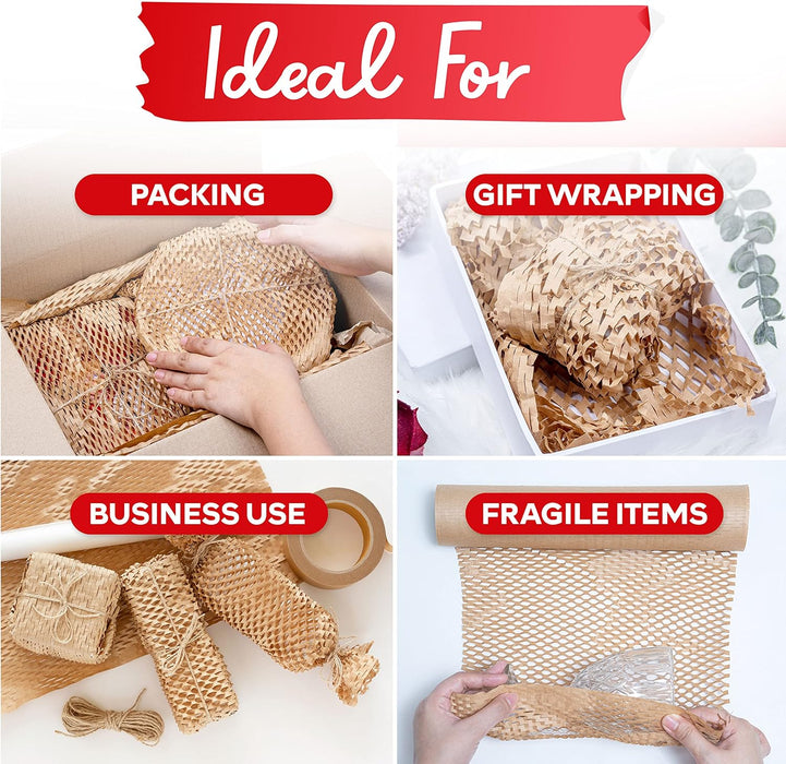 XFasten Honeycomb Packing Paper 12" x 66' Reusable Cushion Kraft Packing Paper for Moving, Alternative Bubble Packing Wrap for Breakable Dishes Packing Supplies for Moving with 20 Fragile Stickers