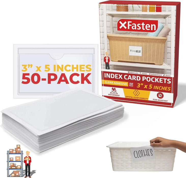 XFasten Index Card Pocket Holder | 3" x 5" 50-Pack | Clear XFasten Index Card Pocket Holder | 3" x 5" 50-Pack | Clear