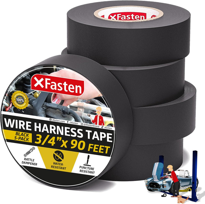 XFasten Black 3/4-Inch x 90-Feet (5-Pack) High-Heat Resistant Cloth Electrical Tape for Automotive Wire Loom