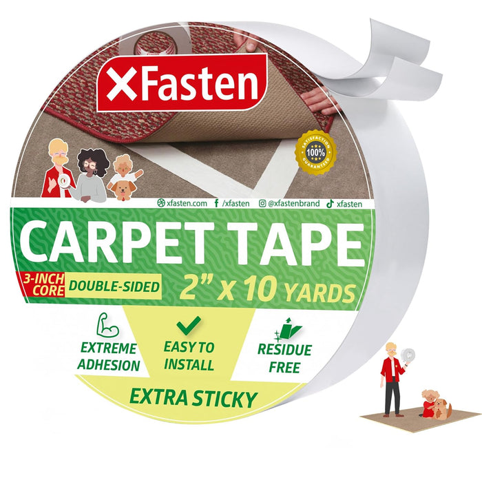 XFasten Extra Sticky Carpet Tape - 2” x 10 Yards Indoor Outdoor Rug Tape Hardwood Floor and Flooring Underlayments, Tape for Rugs to Stay in Place, Easy to Install Double Sided Rug Tape Gripper