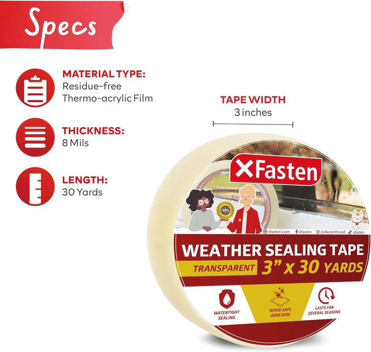 XFasten Transparent Weather Sealing Tape | 3 Inches x 30 Yards