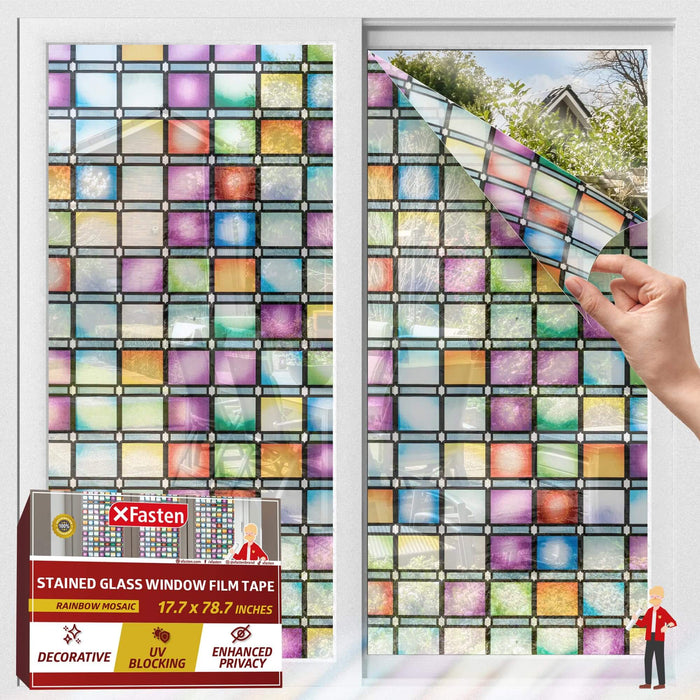 XFasten Stained Glass Window Film – 17.7 x 78.7 Inch | Rainbow Mosaic 3D Privacy Static Cling