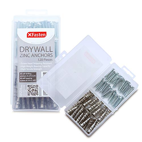 XFasten Zinc Drywall Anchors and Screws Kit, Self Drilling (120 Pieces)