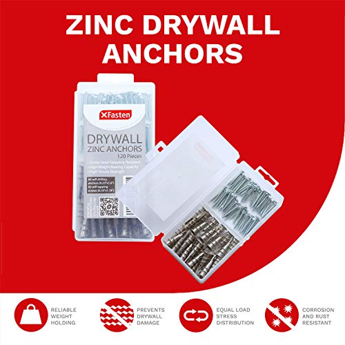 XFasten Zinc Drywall Anchors and Screws Kit, Self Drilling (120 Pieces)