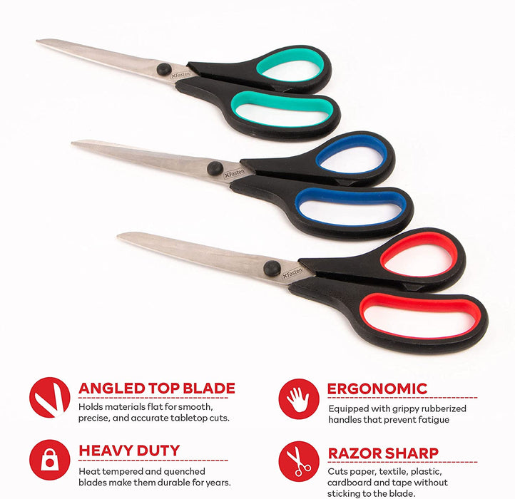 XFasten Premium Office and School Scissors | 8 Inches | Multicolor | Set of 3