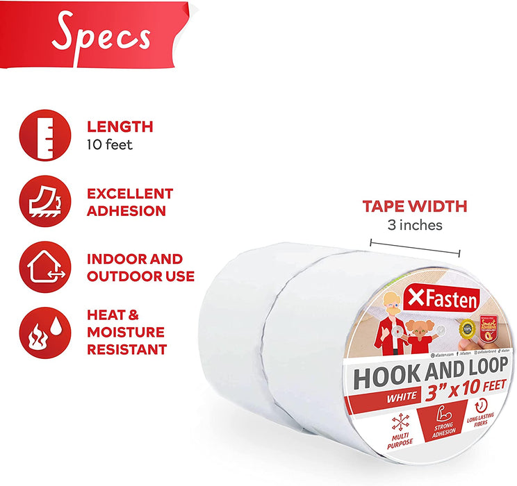 XFasten Adhesive Hook and Loop Tape | 3 Inches x 10 Foot | White
