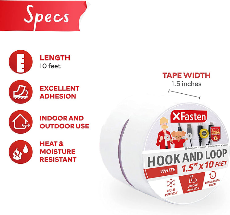 XFasten Adhesive Hook and Loop Tape | 1.5 Inch x 10 Foot | White