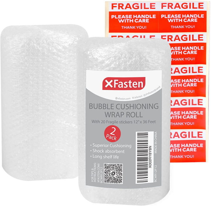 XFasten Bubble Cushioning Wrap Rolls w/ Fragile Sticker Labels | 12 Inches x 72 Feet | 2-Pack