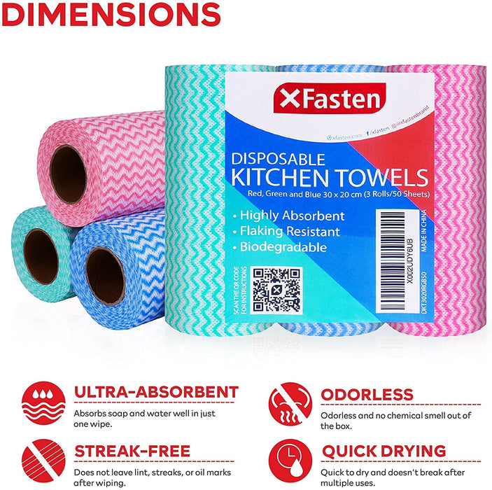XFasten Disposable Kitchen Towels | 11.8 Inches x 7.87 Inches| Red, Green, Blue | Set of 3