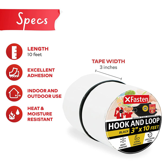 XFasten Adhesive Hook and Loop Tape | 3 Inches x 10 Foot | Black