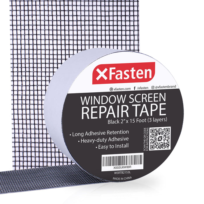 XFasten Window Screen Repair Tape for Windows or Doors- 2" x 15 Feet (3 Layers), Black