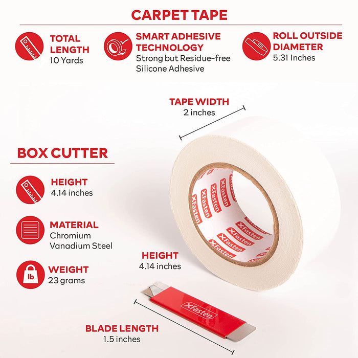 XFasten Double Sided Carpet Tape w/ 1 Unit Heavy-Duty Box Cutter | 2 Inches x 10 Yards