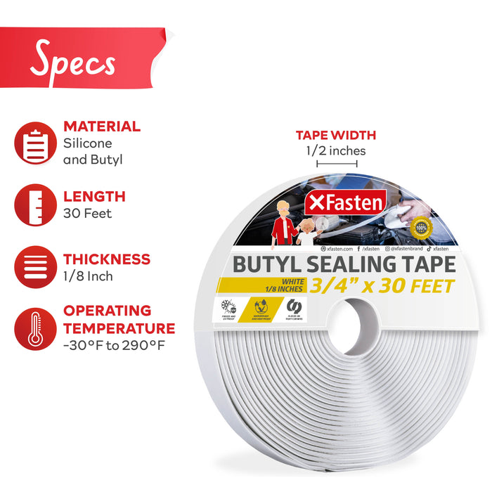 XFasten Butyl Seal Tape | 3/4 Inch x 30 Foot | 1/8" Thick (White)